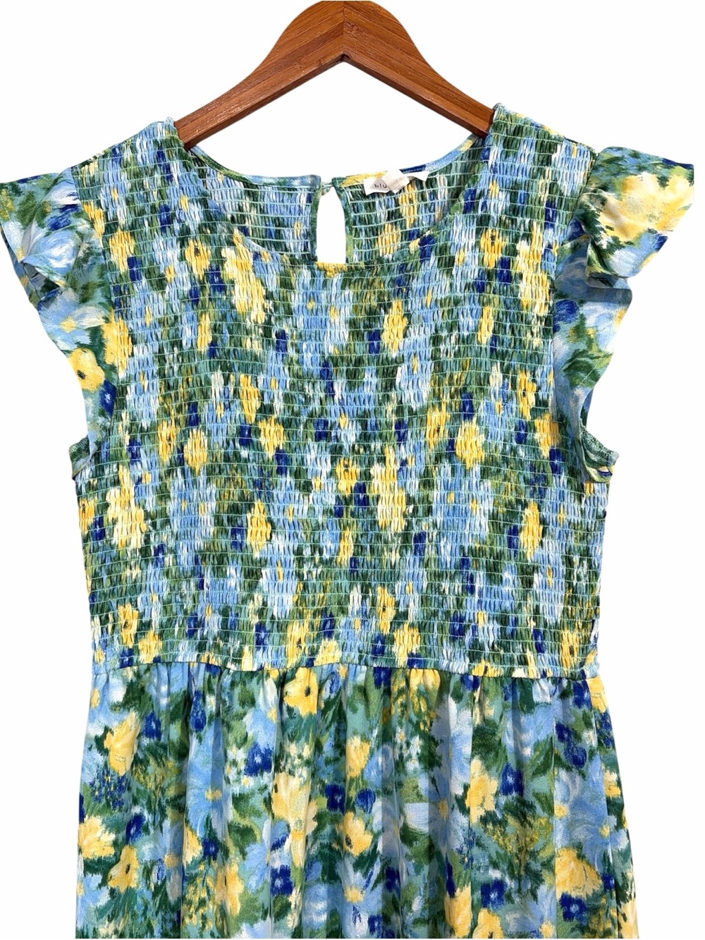 Blu Pepper Vibrant Blue Green and Yellow Smocked Top Midi Dress Size Large - Picture 4 of 9
